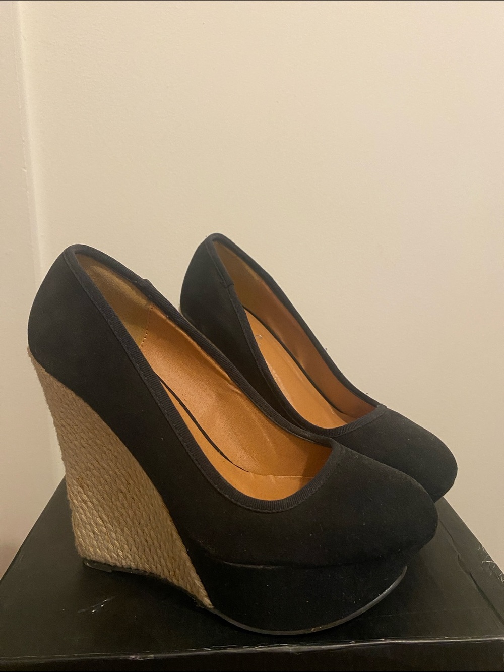 Qupid Black Espadrille Wedge Pumps